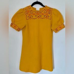 Hand Made Yellow mini Dress .Size :W 14” Neck 5.5” Arm 5” Long 30.5”